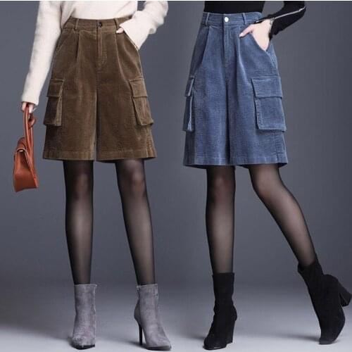 Winter Fall Fashion Womens Clothing High Waisted Blue Black Pockets Corduroy Shorts , Casual 4xl Wide Leg Shorts for Women