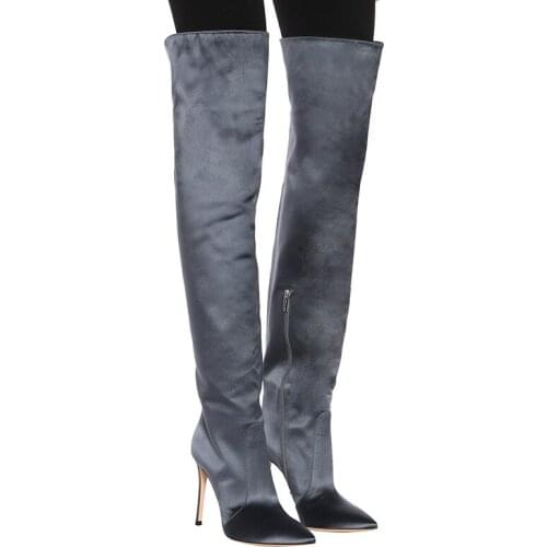 Winter Womens Long Boot Temperament Grey Side Zipper Pointed High Heel Knee High Boots Over-the-knee Motorcycle Boots Shoes