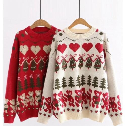 Cartoon Bear Jacquard Kawaii Knit Heart Sweaters Women 2021 Winter Long Sleeve Warm Pullover Korean Ladies Sweet Jumpers Tops