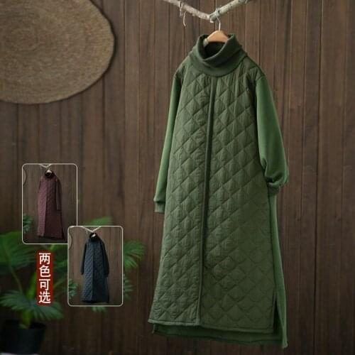 Retro Solid Diamond Lattice Stitching Thick Dress 2021 Winter New Women Loose Large Size Long Sleeve High-neck Warm Dress e055