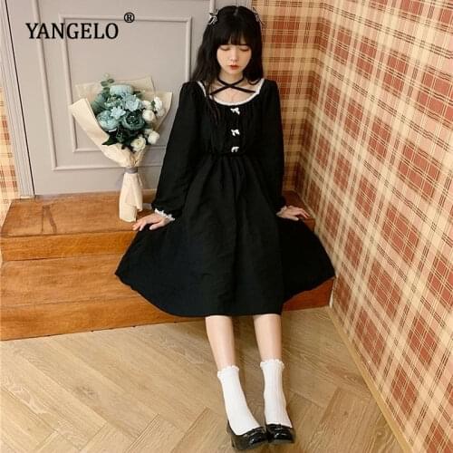 Harajuku Retro Square Collar Lace Girls Black Dress Cute Bowknot Long Sleeve A-line Princess Lolita Dresses Preppy Style