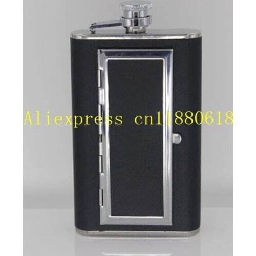 100pcs/lot Fast shipping 6 OZ Black PU Leather Stainless Steel Hip Flask With Creative Cigarettes Case Holder