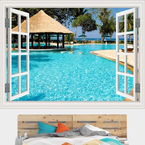 3d Stereo Fake Window Live Net Red Background Cloth Bedroom Dormitory Bedside Wall Cloth Beach Natural Scenery Tapestry Cloth