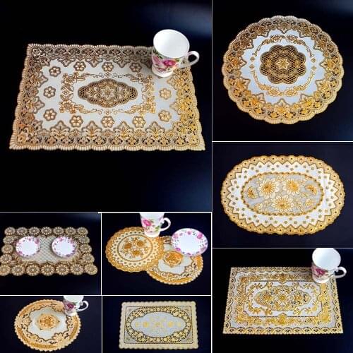 6pcs Bronzing Lace pvc placemat Dining Table Mat golden coaster waterproof insulation pad Tableware Utensil Restaurant Supplies