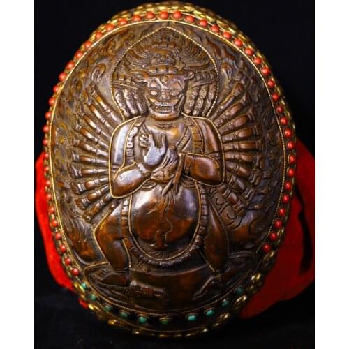 7"Tibet Buddhism Old silver inlay Dzi Bead Gem Skull head Senju Ngau Tau Ming Wang King Kong Bowl Kapala Skull Cup Gabala Bowl