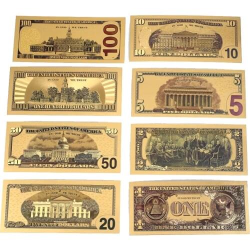 7PCS/8PCS 1/2/5/10/20/50/100 Dollar USA Banknotes Bills Bank Note in 24K Gold Plated Fake Currency Money For Gifts Home Decor
