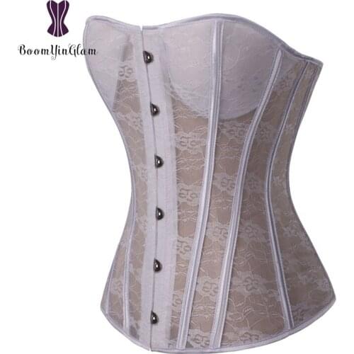 White Transparent Bridal Corselet Sexy Body Shapewear Floral Lace Women Lingerie Bustier Padded Corset With G String 832