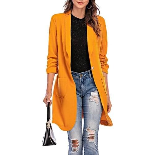 Office Lady Turndown Collar Solid Color Pockets Blazer Autumn Winter 3/4 Sleeve One Button Midi Blazers Jacket for Daily Wear