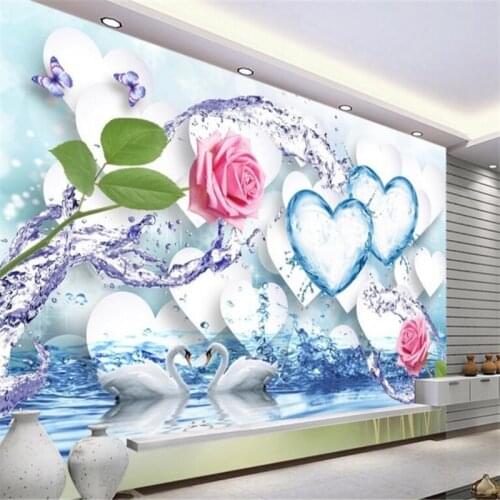 Beibehang Large Custom Wallpapers Fresh Water Splash Rose Pink Heart Romantic 3D Backdrop Decorative Paintings