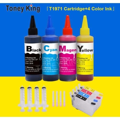 Toney King Refill Ink Cartridge for Epson T1971 T1972 T1973 T1974 + 400ml Dye Ink for Epson Expression XP-204 104 214 Printers