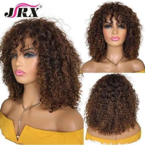 Brown Brazilian Curly Wig With Bangs 180% Density Deep Wave Glueless Human Hair Wigs For Black Women Full Machine Made Remy Wigs