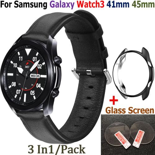 Leather Bracelet Strap For Samsung Galaxy Watch 3 Tempered Glass Screen Frame TPU Protective case For Galaxy Watch3 41 45mm Band