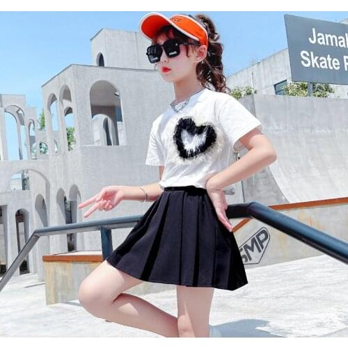 Girls summer skirt set in the big children fashion short sleeves solid color love fashion fashion dress set