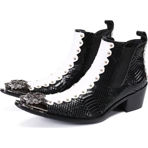 Patchwork Genuine Leather Boots Men Rivets Chelsea Boots Metal Pointed Toe Mens High Heel Boots New Arrival Spring Work Boots