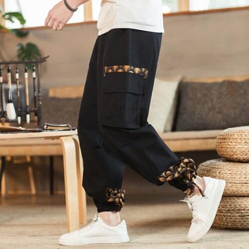 Mens Chinese Style Cargo Harem Pants Multi-pocket Trousers Elastic Waist New