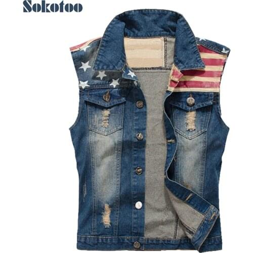 Sokotoo Mens casual stars and strip print patch design denim vest American flag holes ripped coat Plus large size tank top
