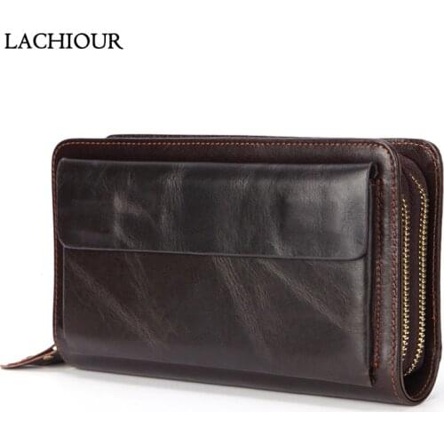 Lachiour Men Genuine Leather Hand Clutch Wallet Fashion Male Long Business Purse Coin Mens Black Handy Bag Wallet for Phone