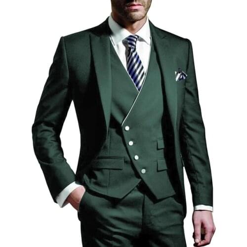 Three Pieces Men suits Notched Lable Dark Green Groomsuit Blazer One Button Formal Business Suits Tuxedo (Blazer+vest+Pant)