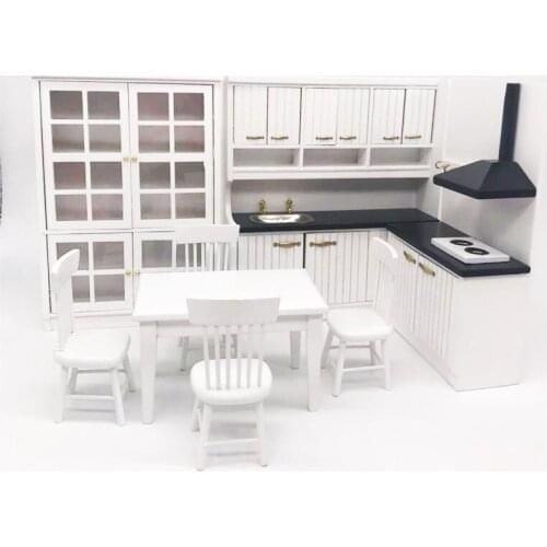 Dollhouse Modern Kitchen Set Miniature Furniture of Dining Room Kit 1/12 Scale Wooden Scenes Accessories