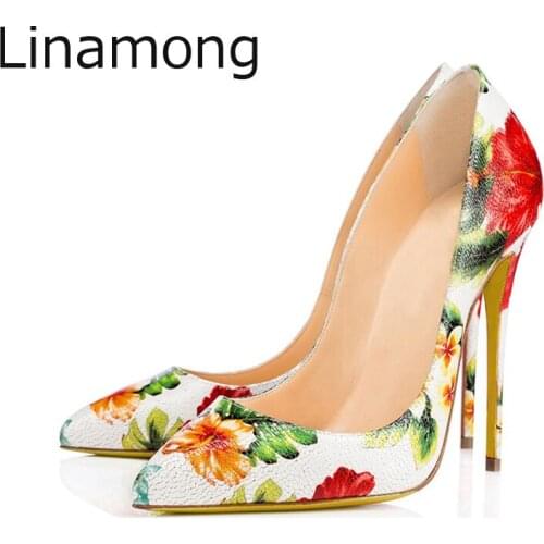 2018 New Sexy Women Beauty Floral Printed Leather Pointed Toe Pumps Ladies Party Dress High Heels Shoes Spring Flower Stilettos
