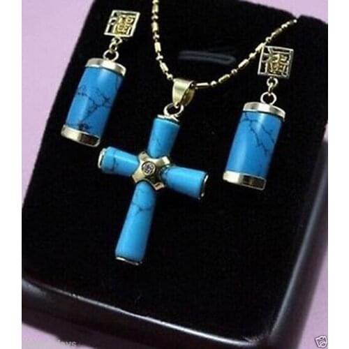 New Style Hot sale********Gorgeous Turquoises"cross" Pendant Necklace + Earrings Fashion Wedding Party Jewellery
