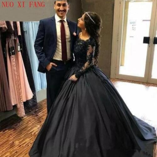 NUOXIFANG Navy Blue Black Ball Gown Off Shoulder Long Sleeves Lace Appliques Evening Gowns Beaded Evening Dress robe de soiree