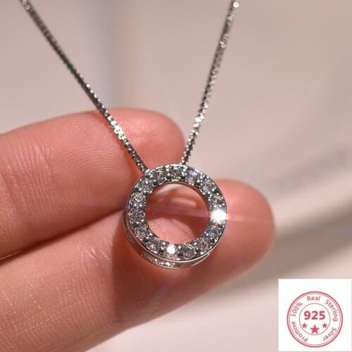 Real 925 Sterling Silver Necklace Pendant Jewelry for Women Full Diamond Circle Pendant Pierscionki 925 Silver Necklace Females