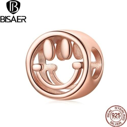 Bisaer 925 Sterling Silver Lucky Smiley Bead Fit Original Bracelet & Bangles Charm DIY Jewelry Making Gift ECC1787
