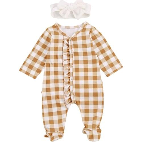 Pudcoco Baby Girl Plaid Rompers Cute Long Sleeve Footed Pajamas Ruffle Jumpsuits 2020 Newborn Infant Girls Autumn Clothes 0-12M