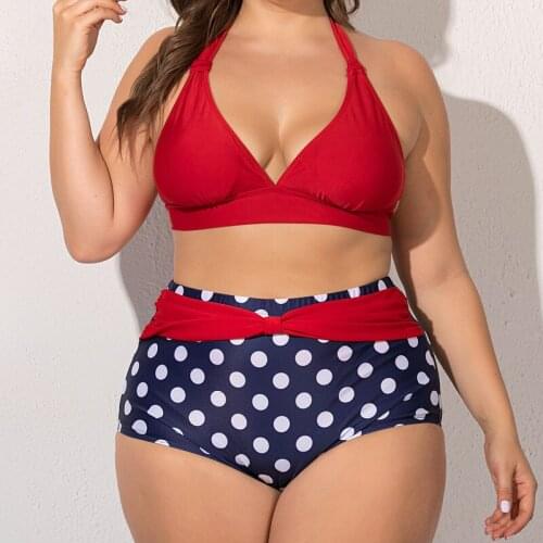 Plus Size Polka Dot Bikini Sets Women Bathing Suits Halter Push Up Padded Bra High Waist Bottoms Swimsuit Female Beachwear