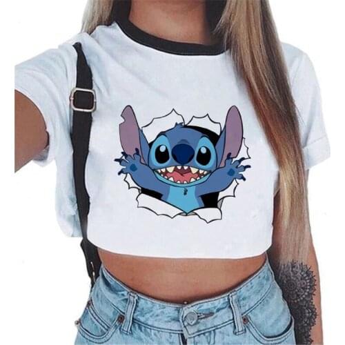 Stitch Mickey Donald Duck Summer Womens Printed T-shirt Short Sleeve O Neck Cropped Tops Sexy Lady Tee Tops Women Tops 2021