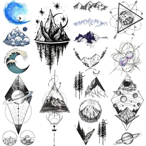 Wave Temporary Tattoos For Men Boys Geometry Mountain Tattoo Fake Planet Black Body Hands Illustration Stars Tatoo Watertransfer