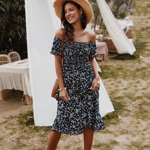 Womens Slash Neck Dress Summer Spring Off Shoulder High Waist Short Sleeve Ladies Long Dresses Floral Print Ruffle Sundress