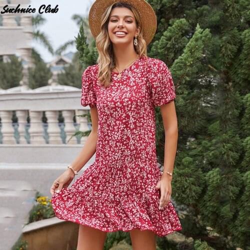2021 Spring Print Pleated Dress Short Sleeve Round Neck High Waist Pullover Dress for Women