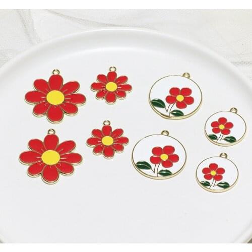 10PCS Red Flowers Enamel Charms Zinc Alloy Round Shaped Flower Pendants Charm For DIY Women Earrings Jewelry Making High Quality