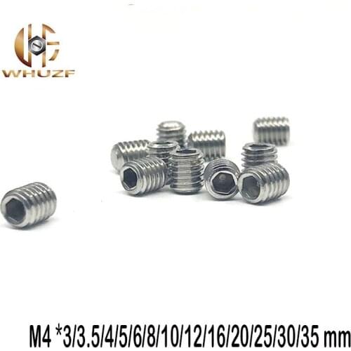 100Pc DIN913 M4 *3/4/5/6/8-35mm 304 Stainless Steel Thread Grub Flat Point Hexagon Socket Set Headless Screw