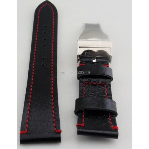 22mm black Strap with red line deployment buckle fit mens watches