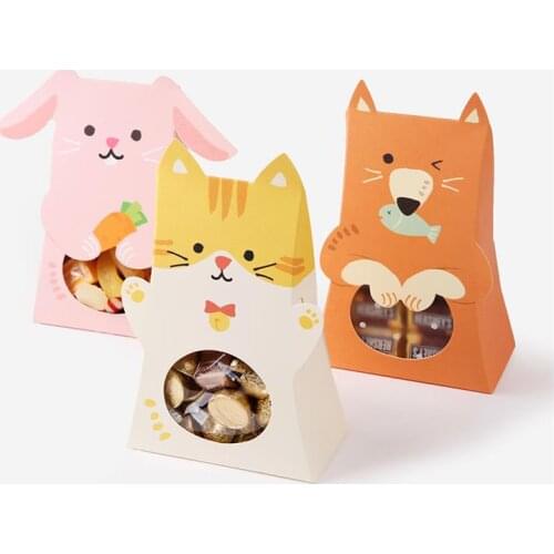 300pcs Cute Cat Animal Paper Candy Box Birthday Party Decoration Kids Paper Gift Chocolate Box With Window Party Favor SN2855