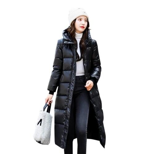 Shiny Hooded Down Padded Jacket Women Long Slim Fit Down Cotton Jacket Female Thick Warm Winter Parka Coat Outerwear Woman