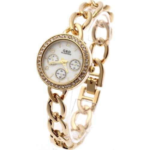 G&D Women Gold Stainless Steel Band Rhinestone Luxury Bracelet Watch Womens Quartz Analog Wrist Watches