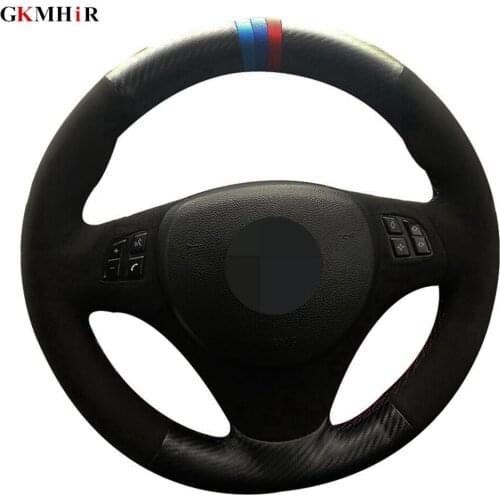 Black Genuine Leather Black Carbon Fiber Suede Car Steering Wheel Cover For BMW E90 320i 325i 330i 335i E87 120i 130i 120d