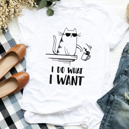 Do What I Want Cat Coffee Print T Shirt Women Short Sleeve O Neck Loose Tshirt Summer Women Tee Shirt Tops Camisetas Mujer