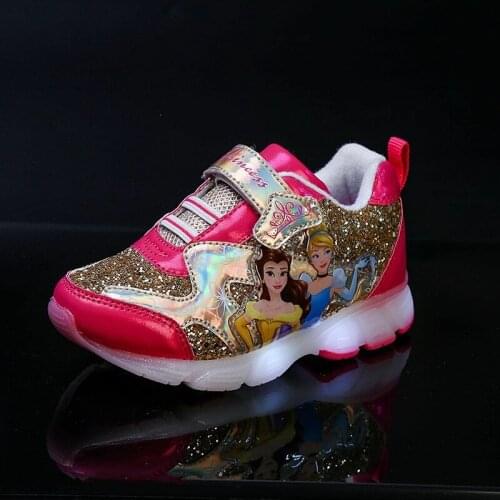 Children Sneakers for Girls Kid Girls Cartoon Princess Crystal Led Luminous Sport Run Sneakers Shoes Disney Light Up Shoes
