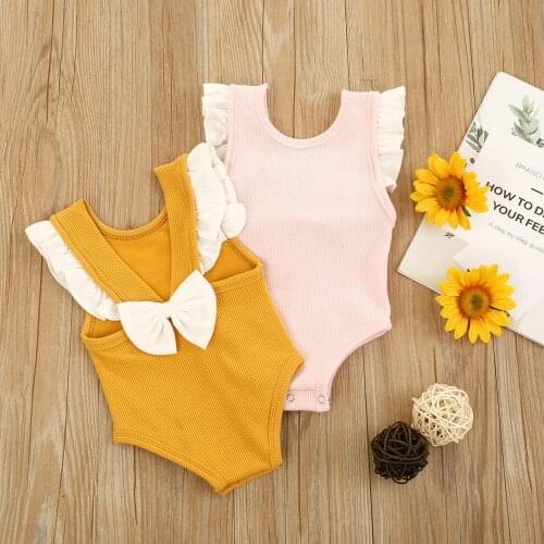 Newborn Baby Boys Girls Casual Bow Romper Flying Sleeve Loose Elastic Cotton Knitted Jumpsuit Summer Infant Kids Solid Playsuit