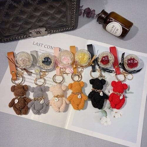 Creative Knitted Bear Keychain Pendant Cute Bear Eternal Flower Accessories Ladies Gift Bag Car Keychain Pendant