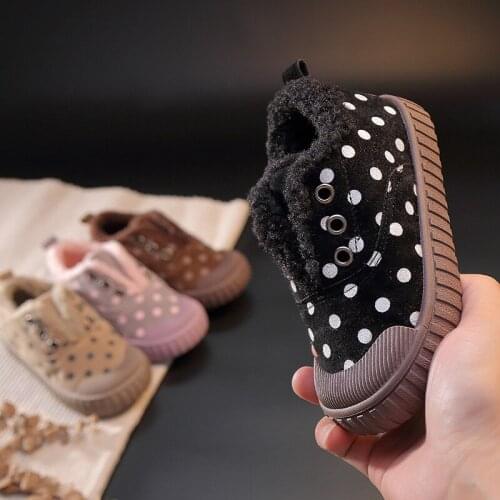Children Warm Winter Sneakers Cute Dots Girls Princess Shoes Kids Fur Shoes Slip on Anti-kick Baby Flats Lambswool Soft Shoes