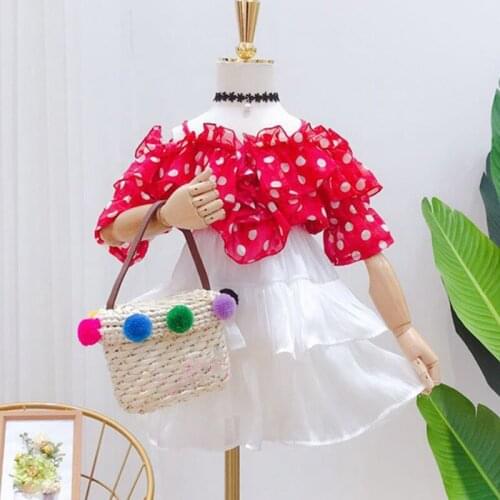 Summer Girls' Clothing Sets Chiffon Polka Dot Sling Love V-neck T-shirt+Cupcake Skirt Baby Kids Clothes Suit Children Clothing