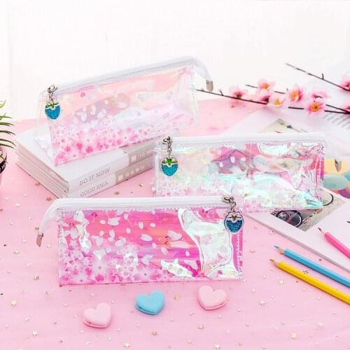 Cute kawaii pencil case pink cherry blossom transparent large capacity pencil stationery bag school supplies stationery