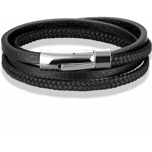 Punk Style Design Multi Layer Braid Genuine Leather Bracelet For Men Stainless Steel Magnetic Button Birthday Gift Male Bangles