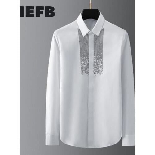 IEFB Mens Wear Black And White Rhinestone Hot Stamping High Quality White Shirt 2021 Autumn New Tops Big Size Blouse 9Y5555